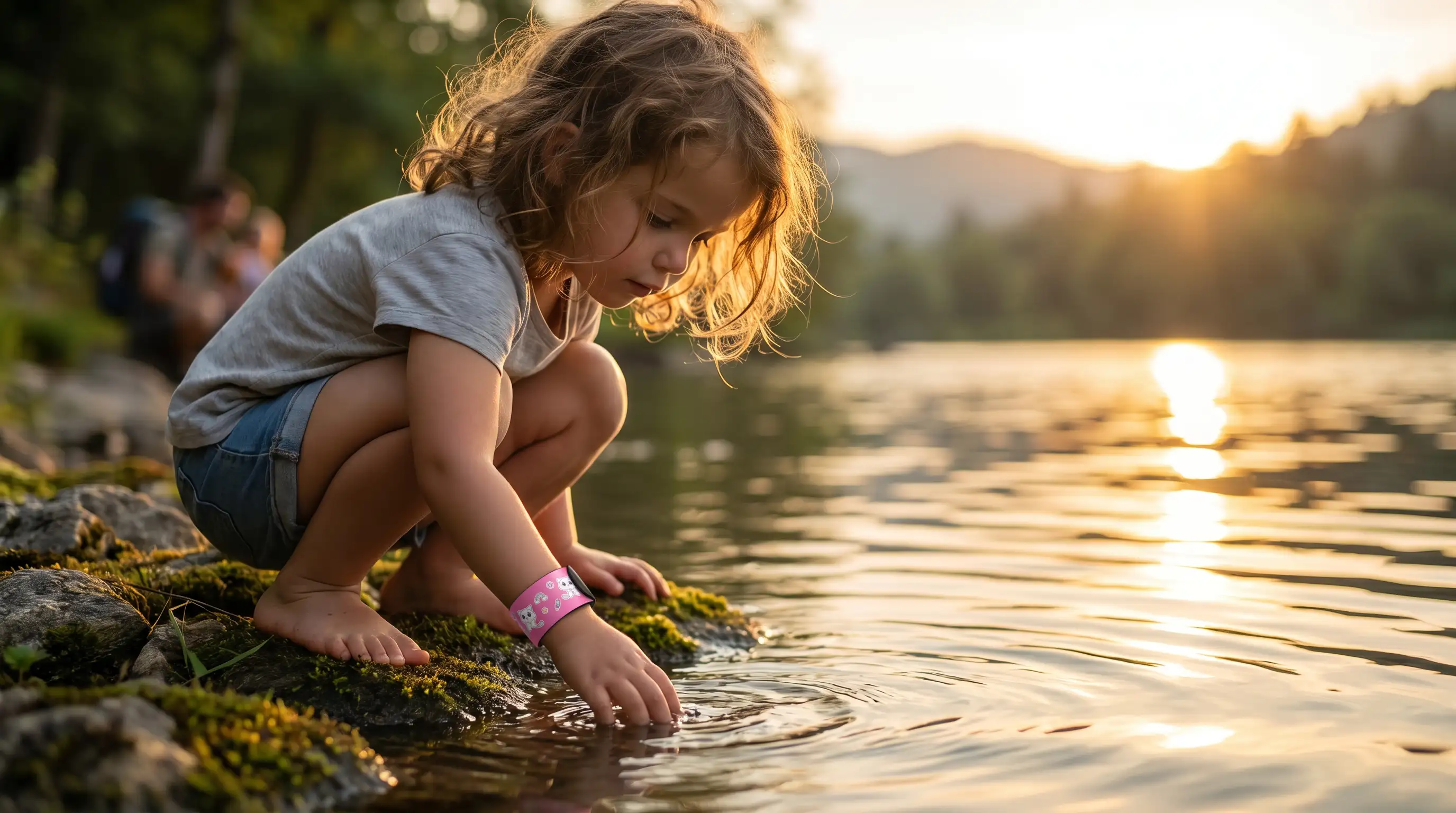 Enfant portant un bracelet anti-moustiques Junior Manouka au bord d'un lac