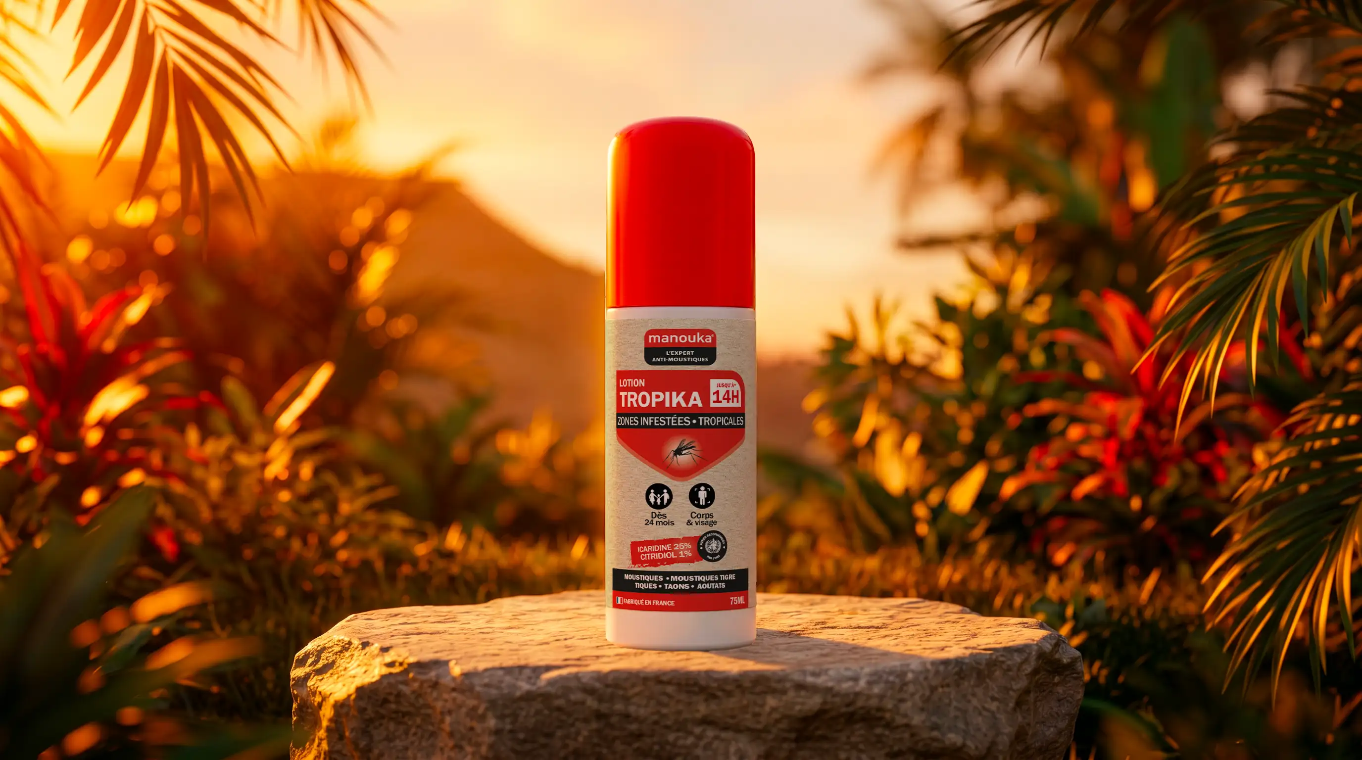 Spray Tropika Manouka pour les zones tropicales et infestées présenté lors d'une activité en extérieur