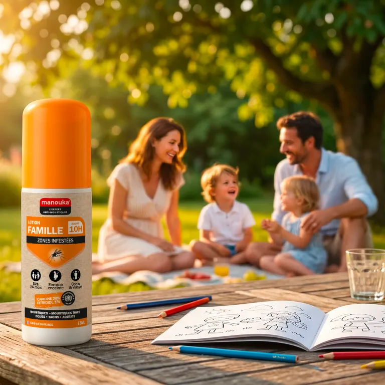 Lotion Famille Manouka pour le corps et le visage présentée lors d'un moment en famille en extérieur