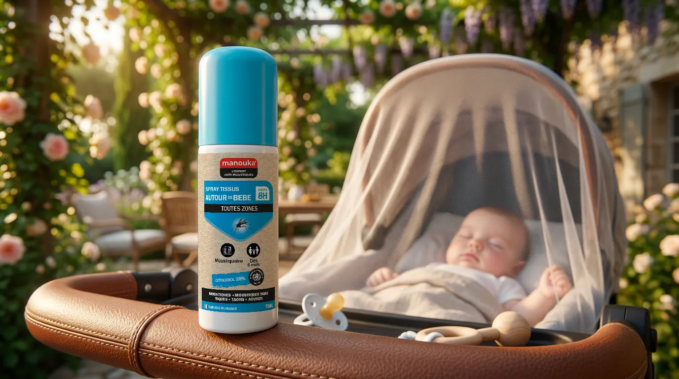Spray tissus autour de Bébé Manouka pour protéger l'environnement du nourrisson en extérieur