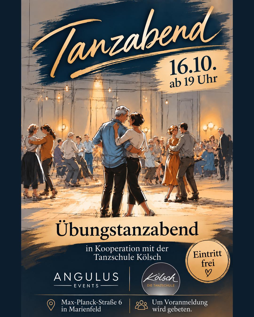 Flyer Übungstanzabend im Angulus Marienfeld am 16.10. ab 19 Uhr – in Kooperation mit der Tanzschule Kölsch