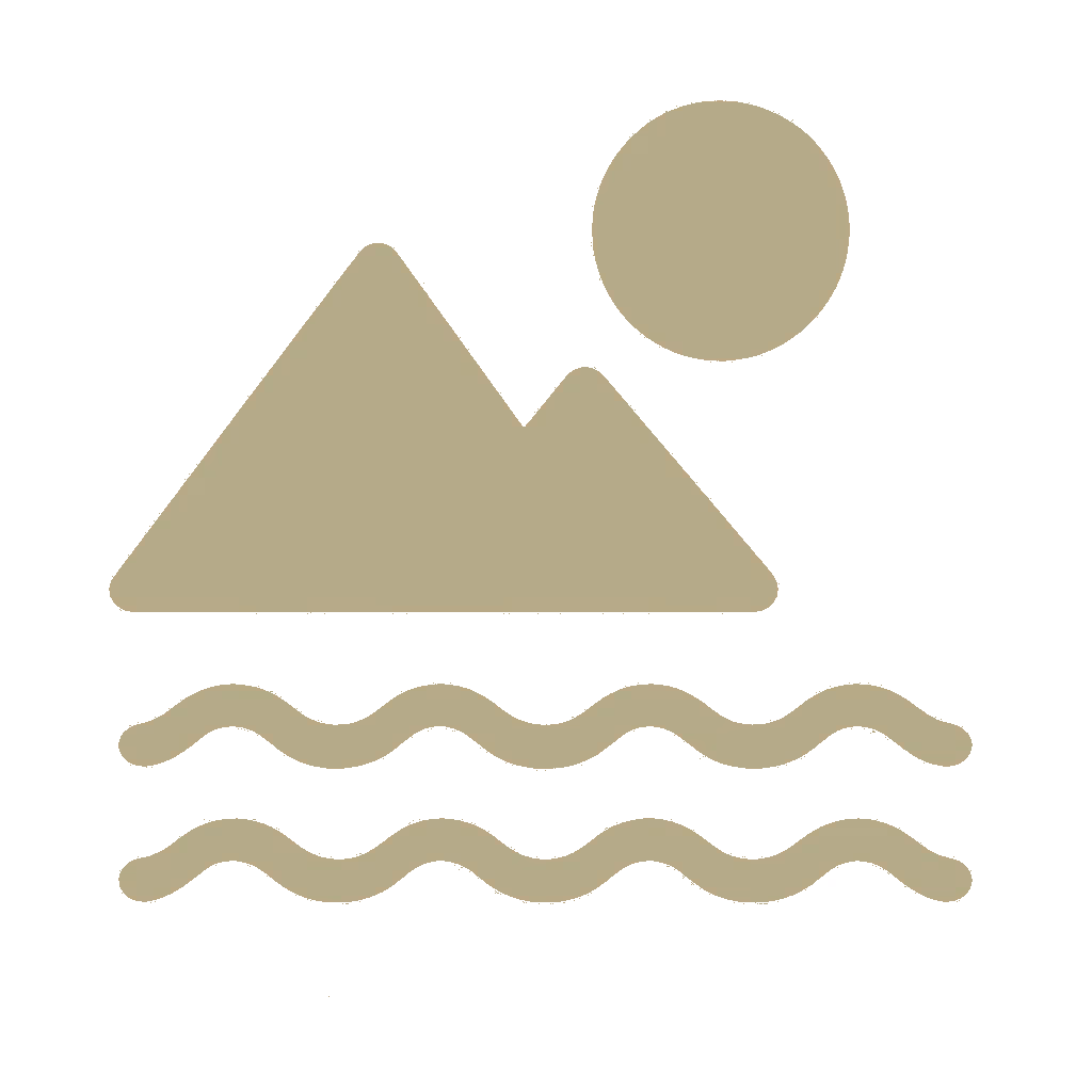 icons with mountains, water and sun