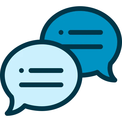 Two overlapping speech bubbles, one light blue and one dark blue, representing conversation or chat.