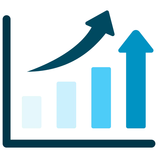 Bar chart with four ascending bars and two upward arrows indicating growth.