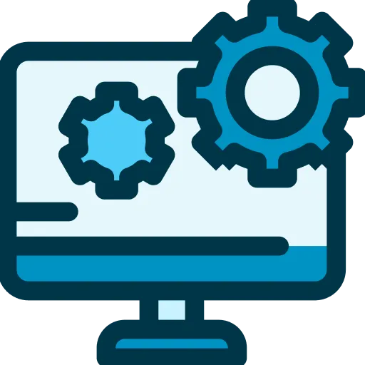 Computer monitor icon with two overlapping blue gears symbolizing settings or system configuration.