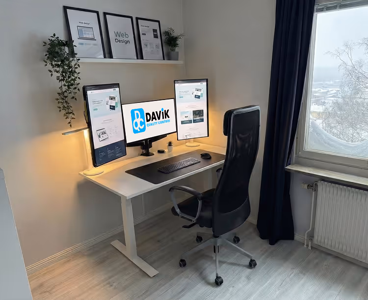 Modern home office setup with three monitors displaying web design and Davik Quality Control content, black leather office chair, and a window with snowy outdoor view.