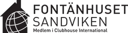 Logotyp för Fontänhuset Sandviken med en stiliserad byggnad och jordglob.