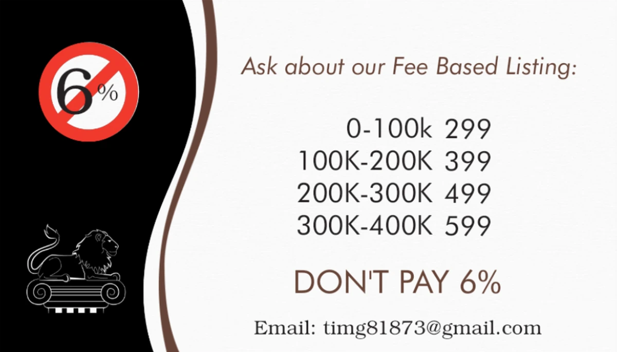Kingdom Properties business card back: fee based listing prices, don't pay 6%