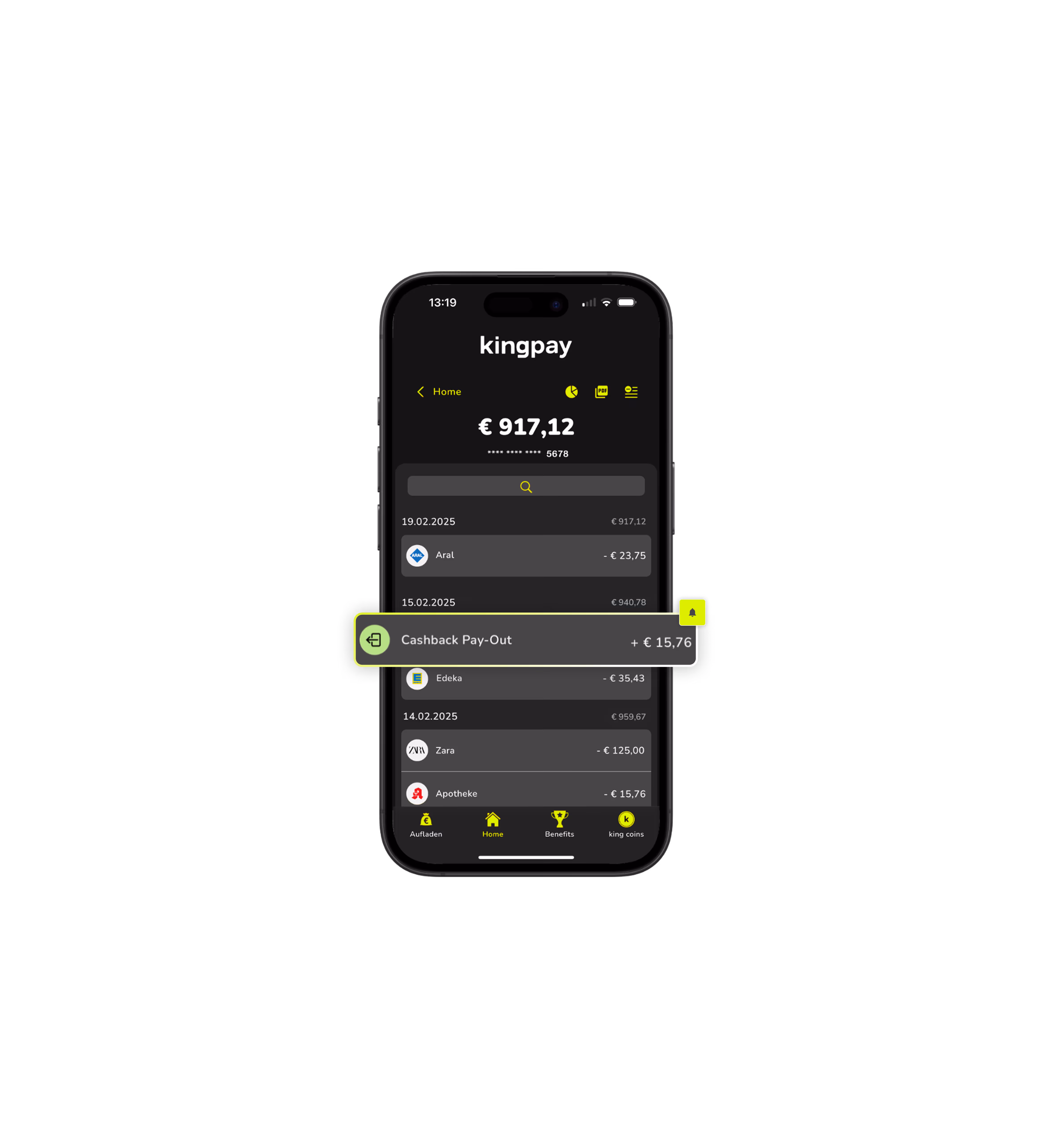 a screenshot of the kingpay mobile app features