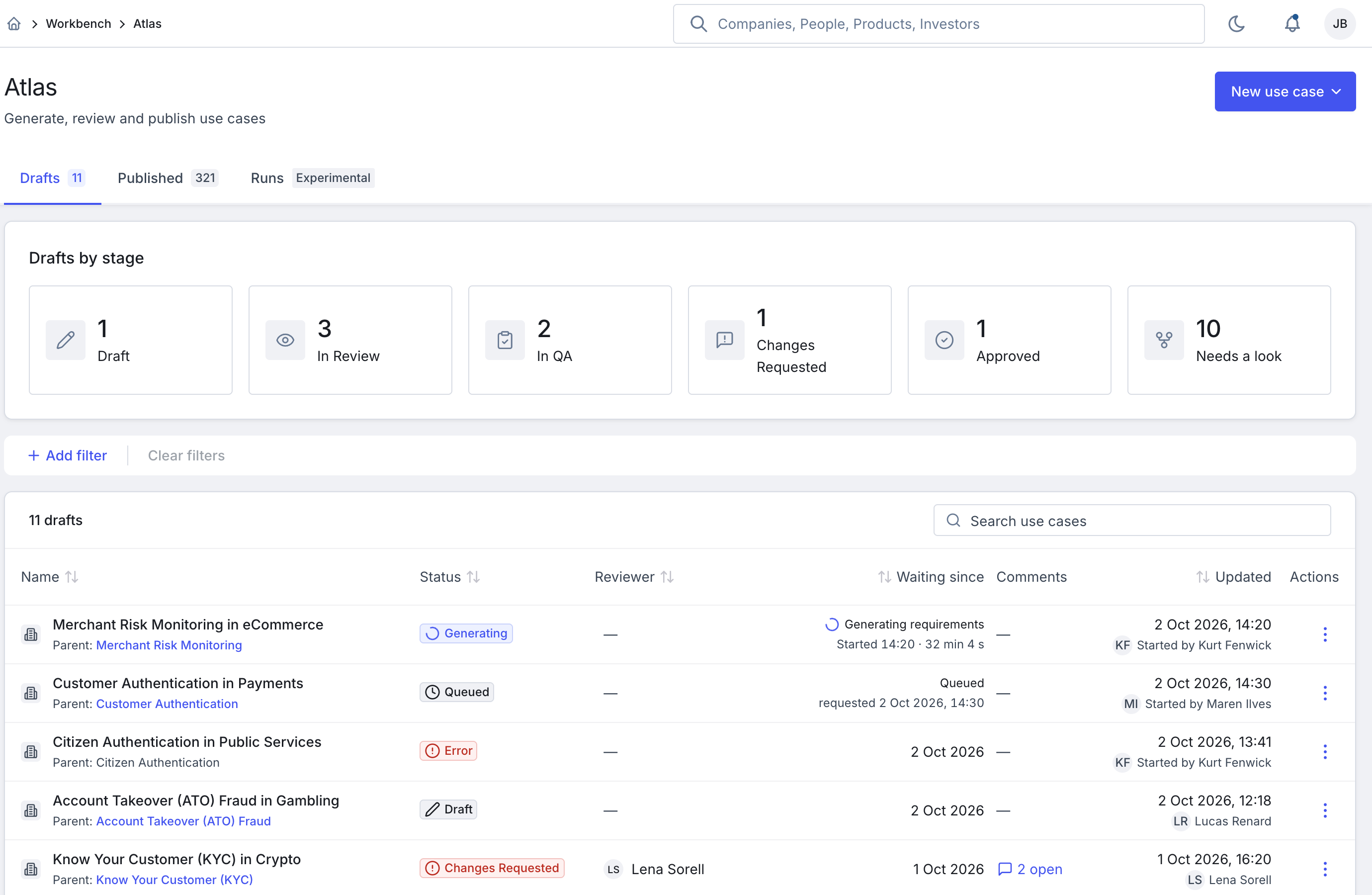 Atlas drafts list with a Drafts by stage card and the table of use cases
