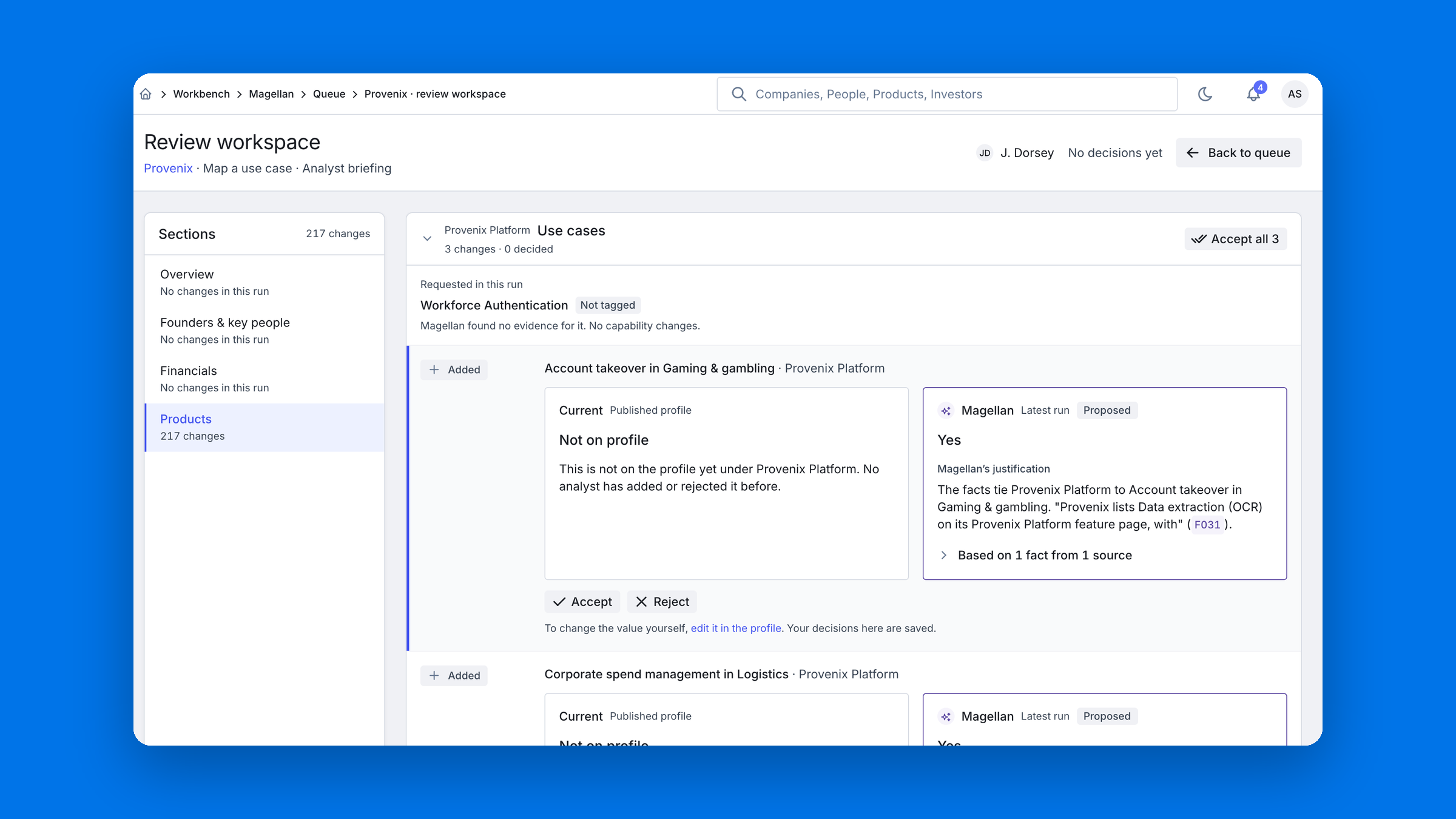 Magellan review workspace: the published value next to the agent's proposal, with Accept and Reject