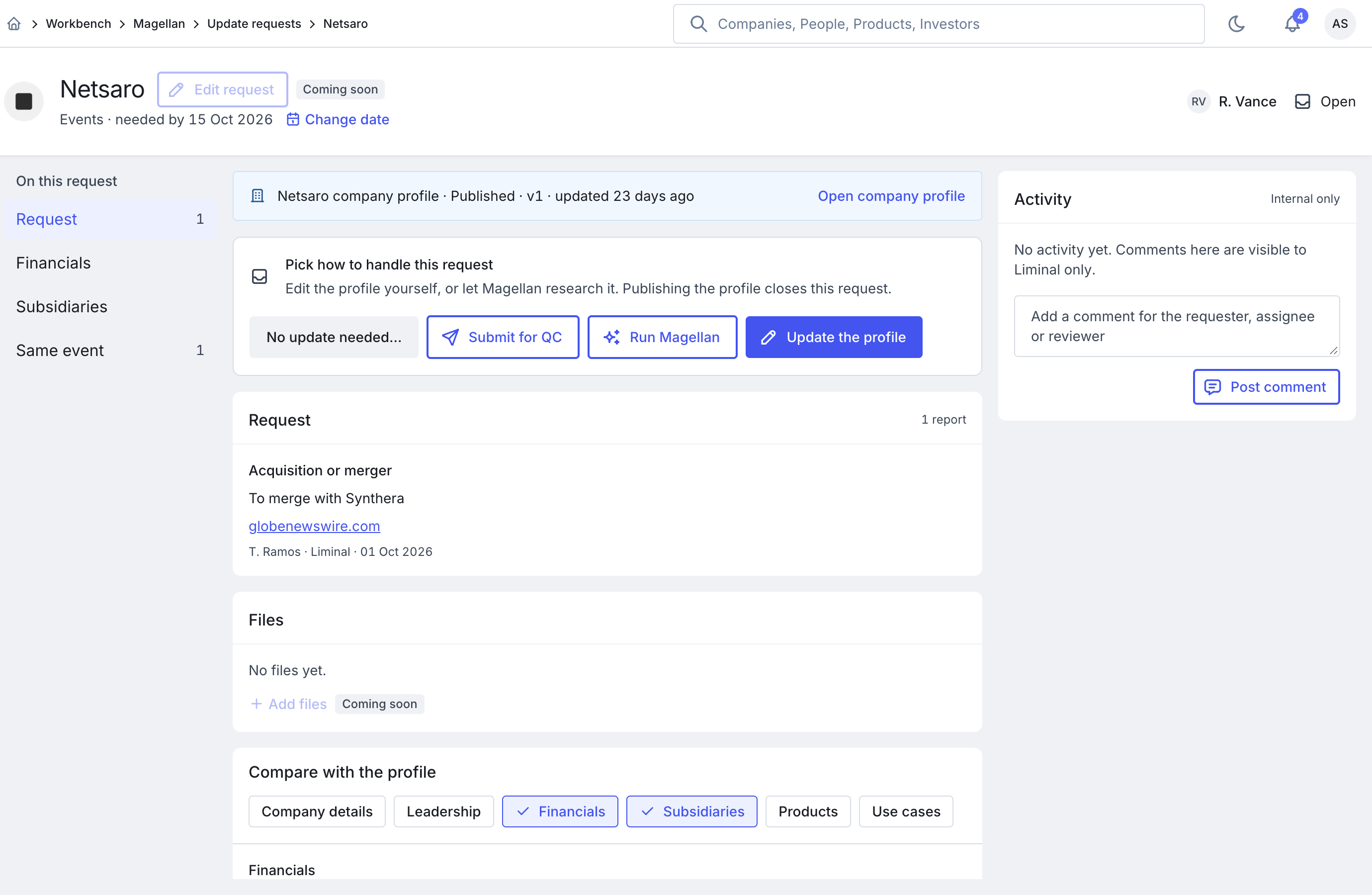Update request page: how to handle the request, the request details and an internal activity rail