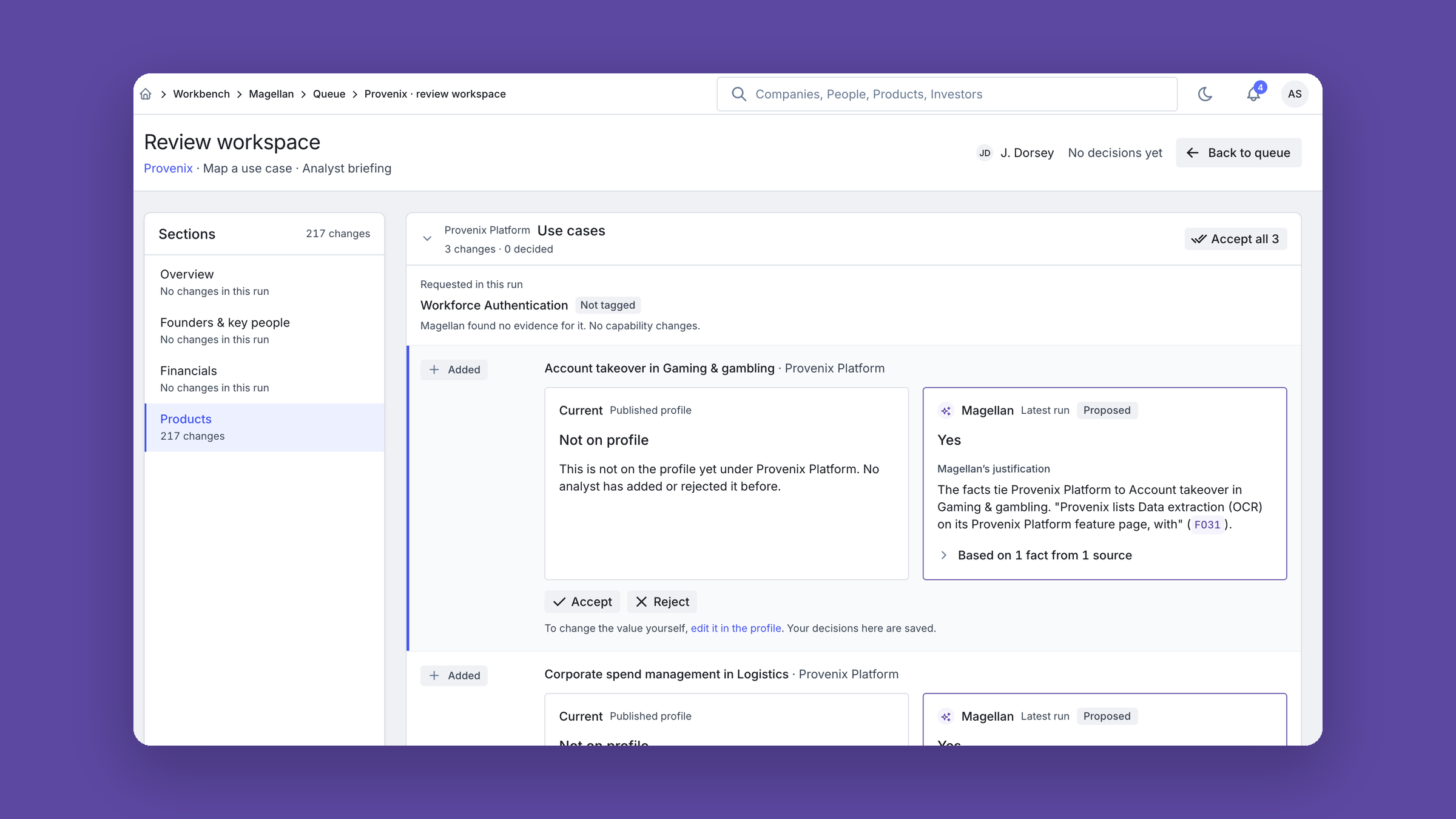 Magellan review workspace: the published value next to the agent's proposal, with Accept and Reject