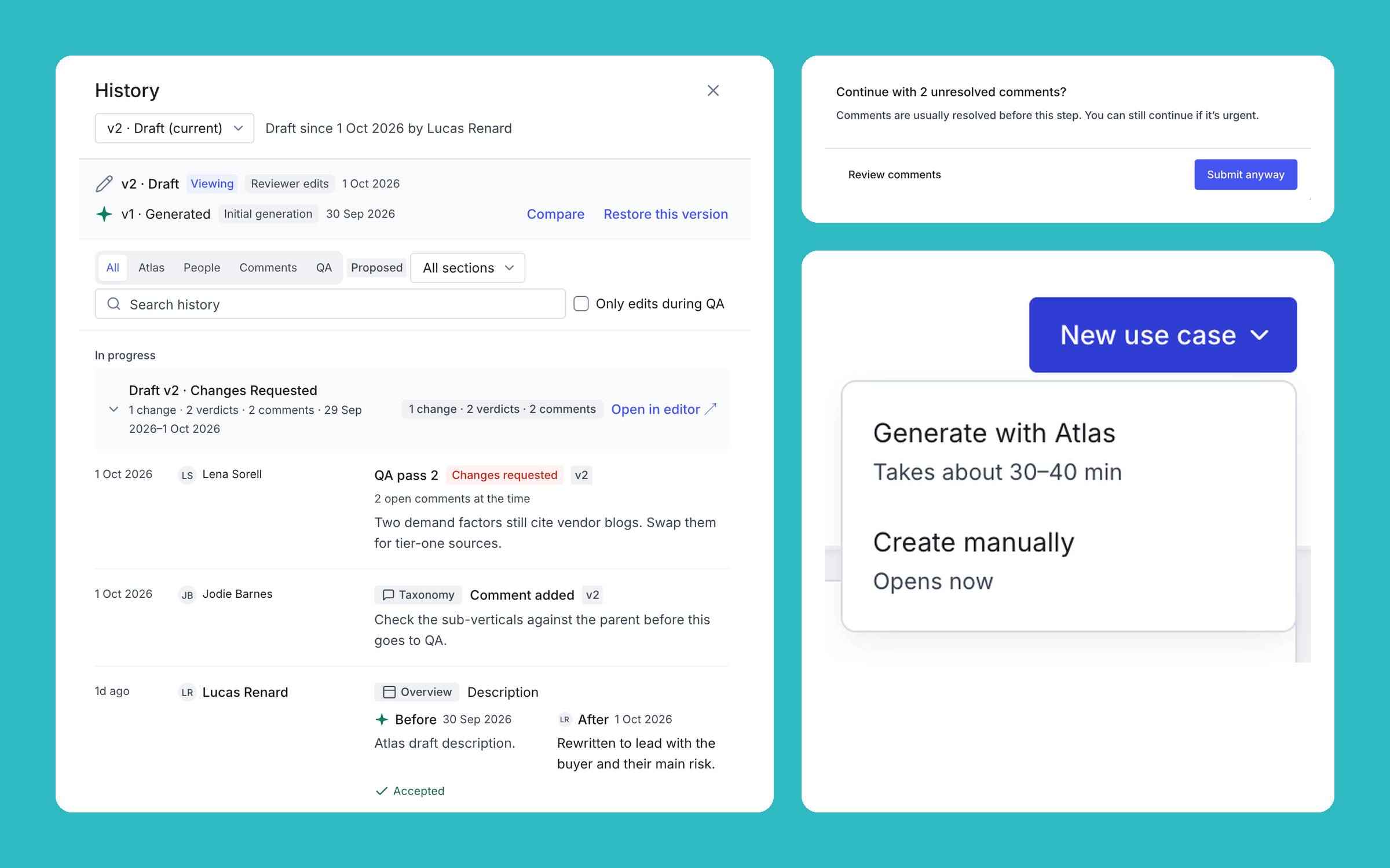 Atlas close-ups: version history with QA passes and before/after edits, a warning before submitting with unresolved comments, and the menu to generate a use case with Atlas or create it manually