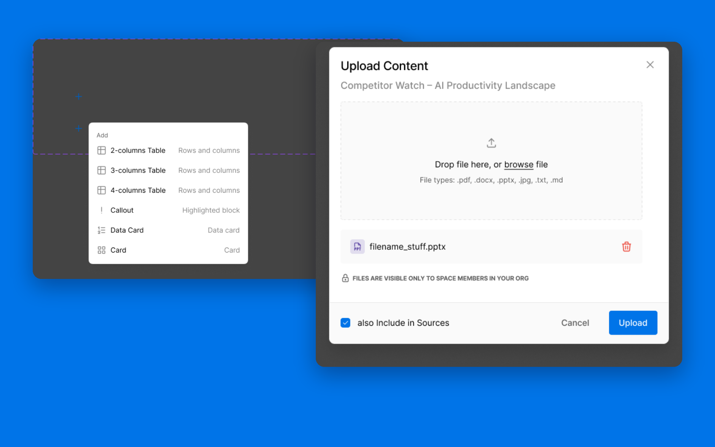 Upload dialog for a shared client workspace, with a note that files are visible only to space members, in front of the block menu for adding tables, callouts and cards to a post