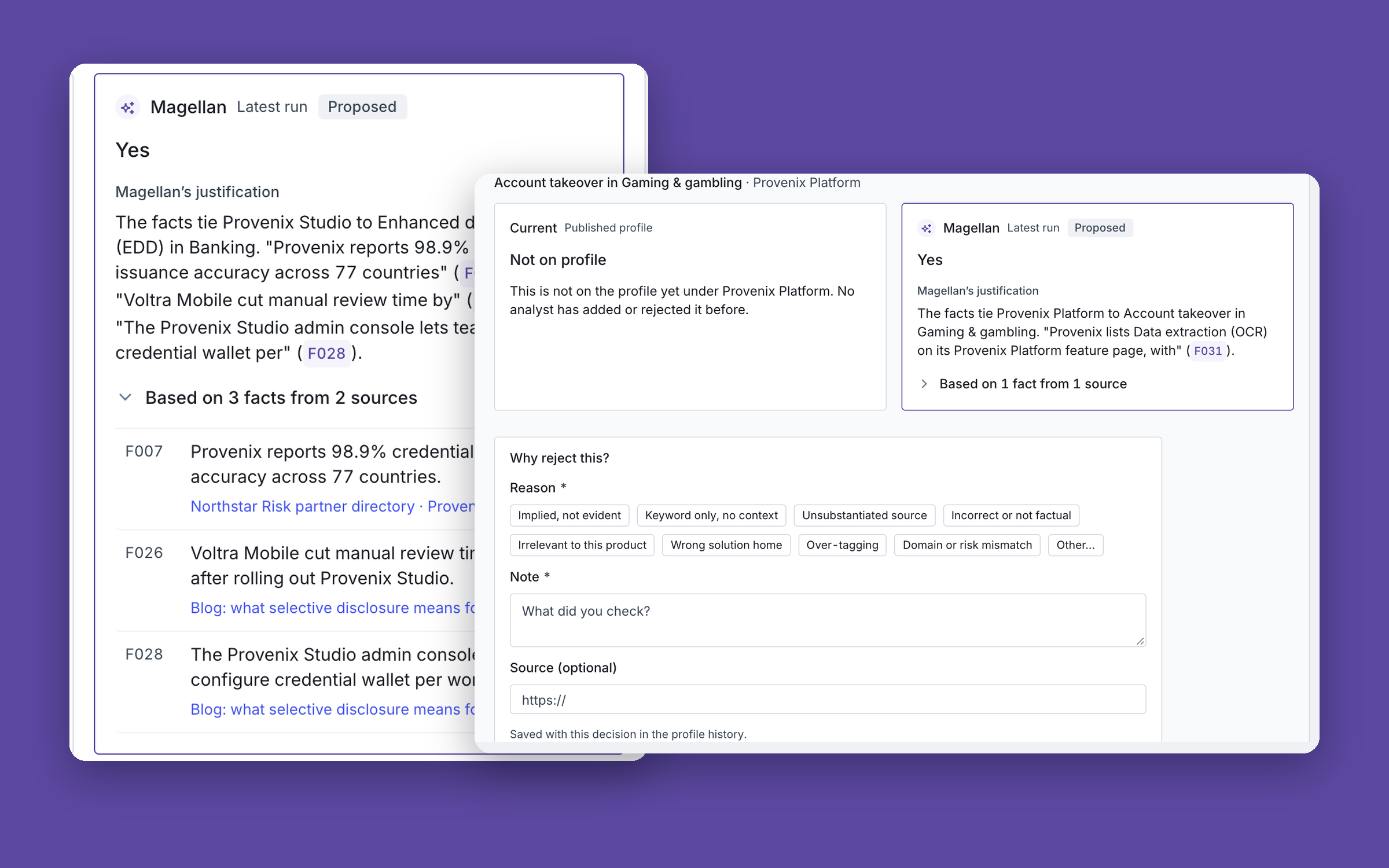 Magellan review workspace close-ups: the agent's proposal with its sources, and the reject panel where analysts pick a reason, add a note and a source
