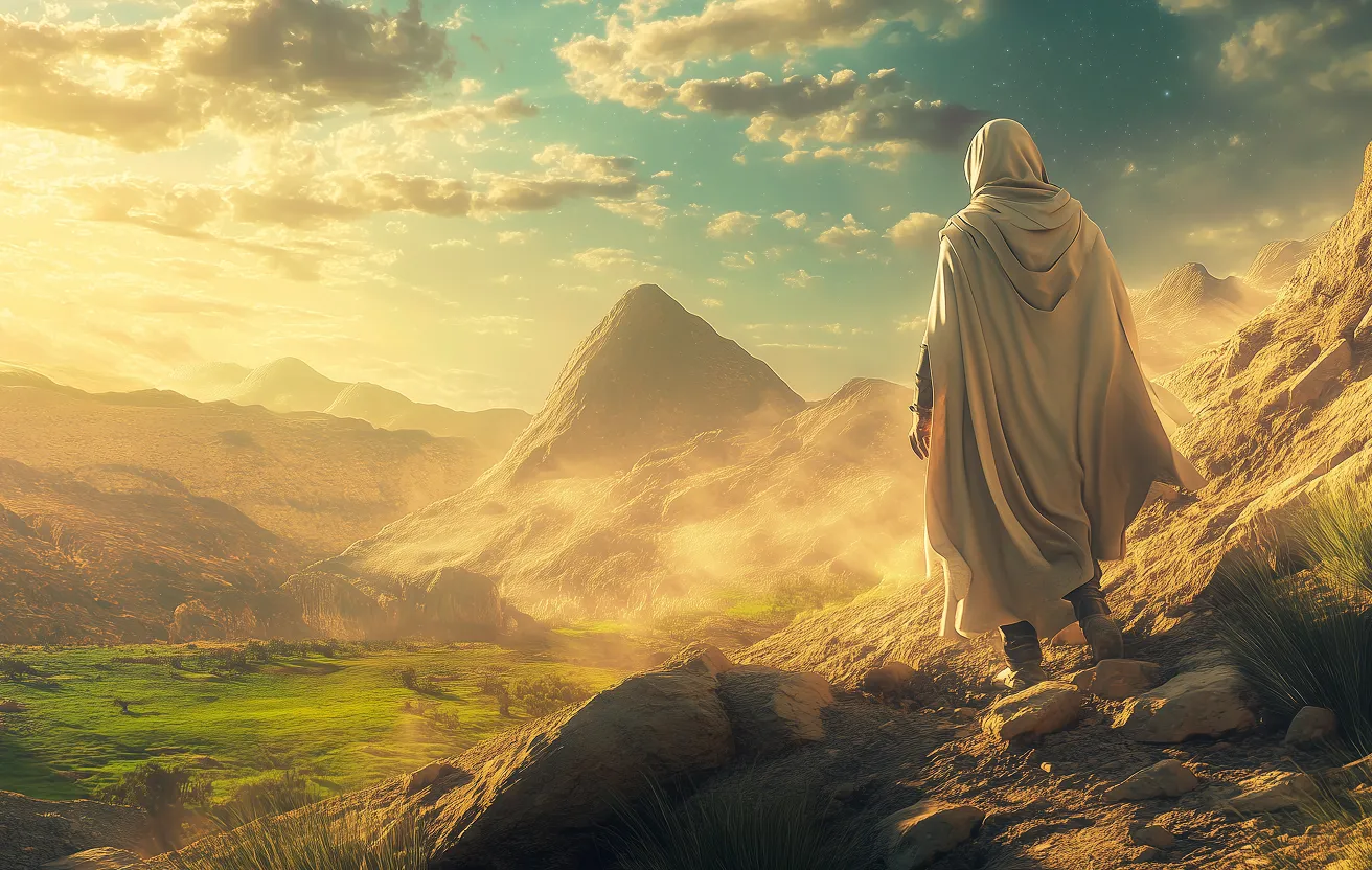 A man in a white robe standing on top of a hill.