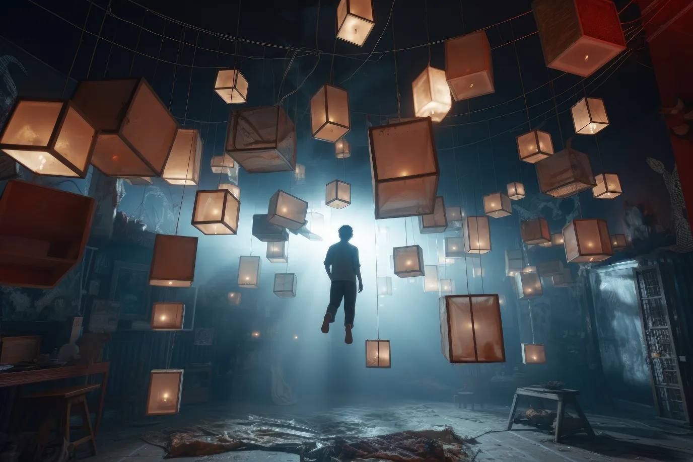 A man standing in the middle of a room filled with lights.