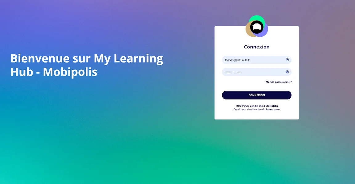 Bienvenu sur My Learning Hub - Mobipolis - page de connexion à My Learning Hub avec email et mot de passe pour se connecter