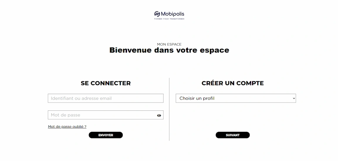 Capture d'écran du portail - bienvenue dans votre espace. page de connexion et de création de compte