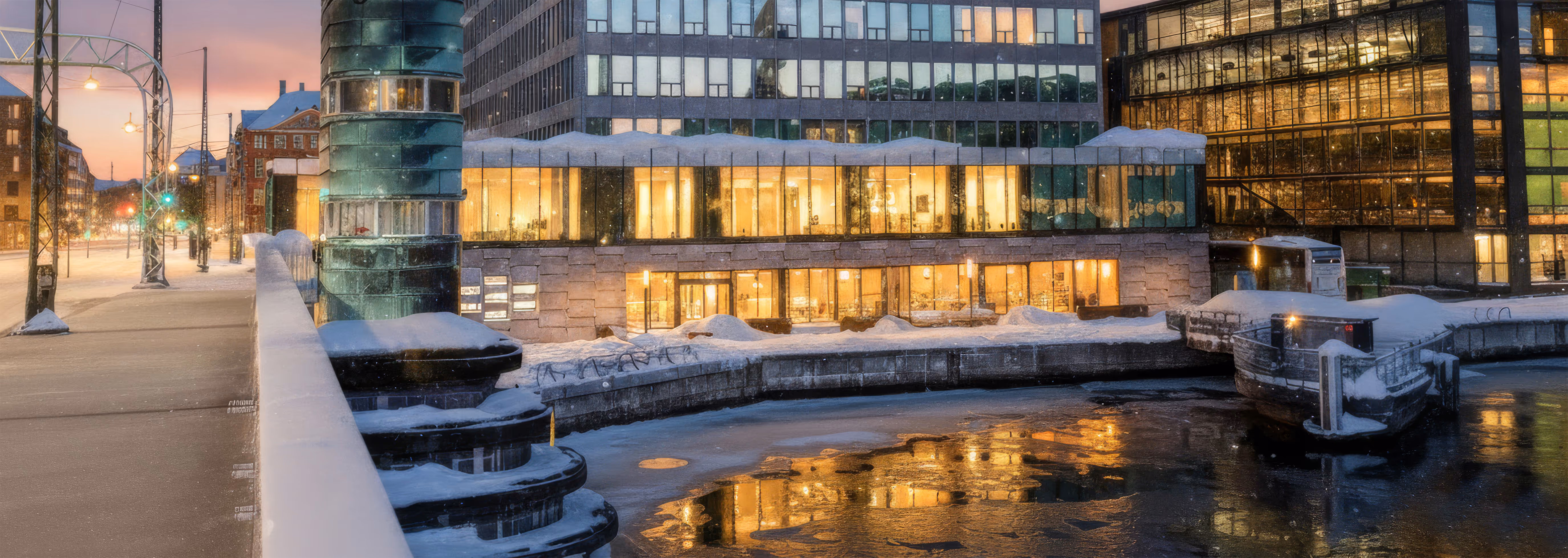 A shot of Restaurant NU&DA just by Knippelsbro in Copenhagen harbor during the winter time with snow on the streets.