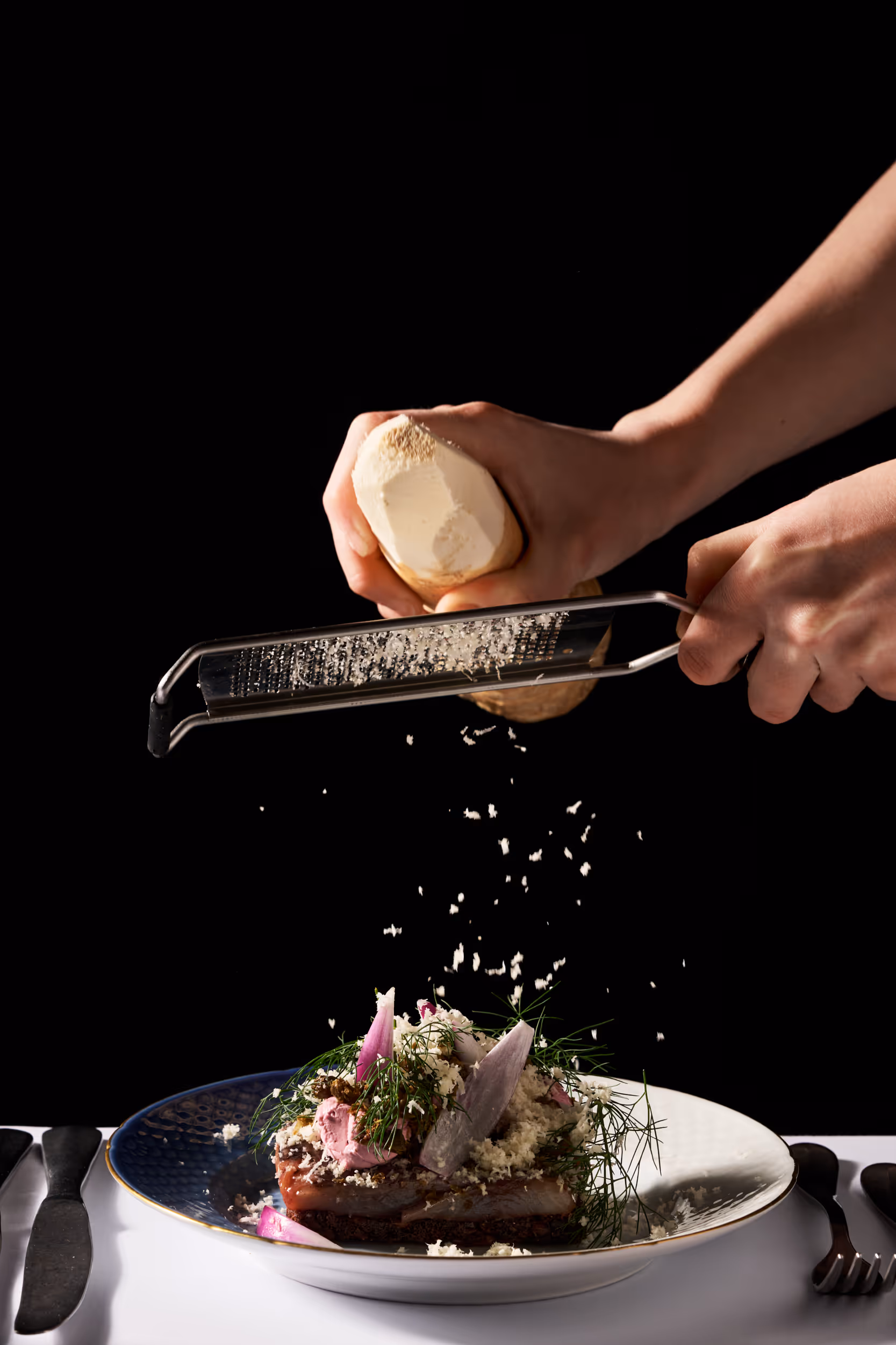 Traditional matured herring with onions, capers and horseradish.