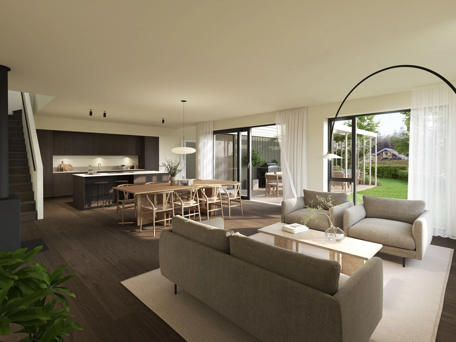 Flott åpen stue kjøkkenløsning med utgang til flott uteområde