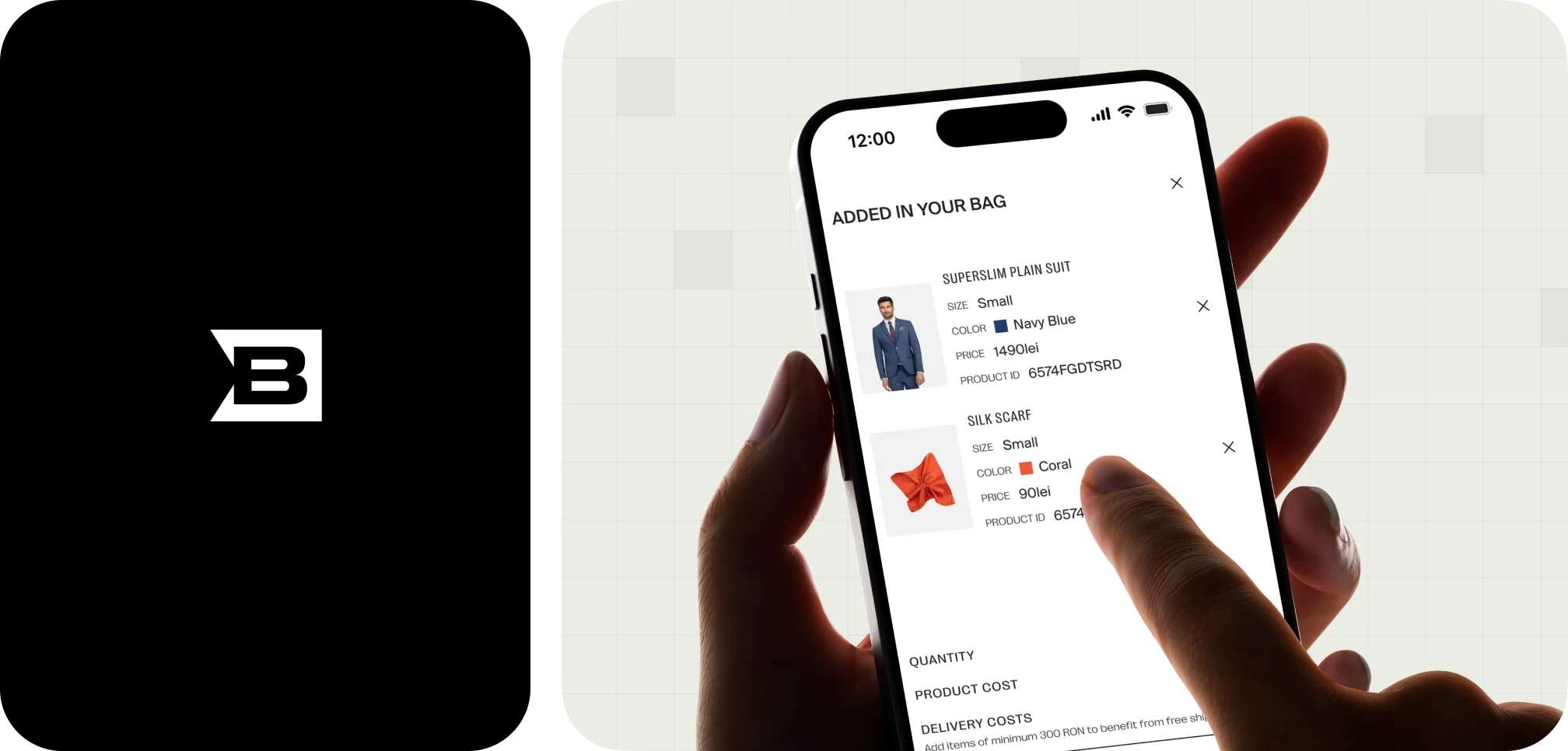 Hand holding smartphone showing shopping bag with added items: superslim plain navy blue suit and coral silk scarf, each with size, color, price, and product ID details.