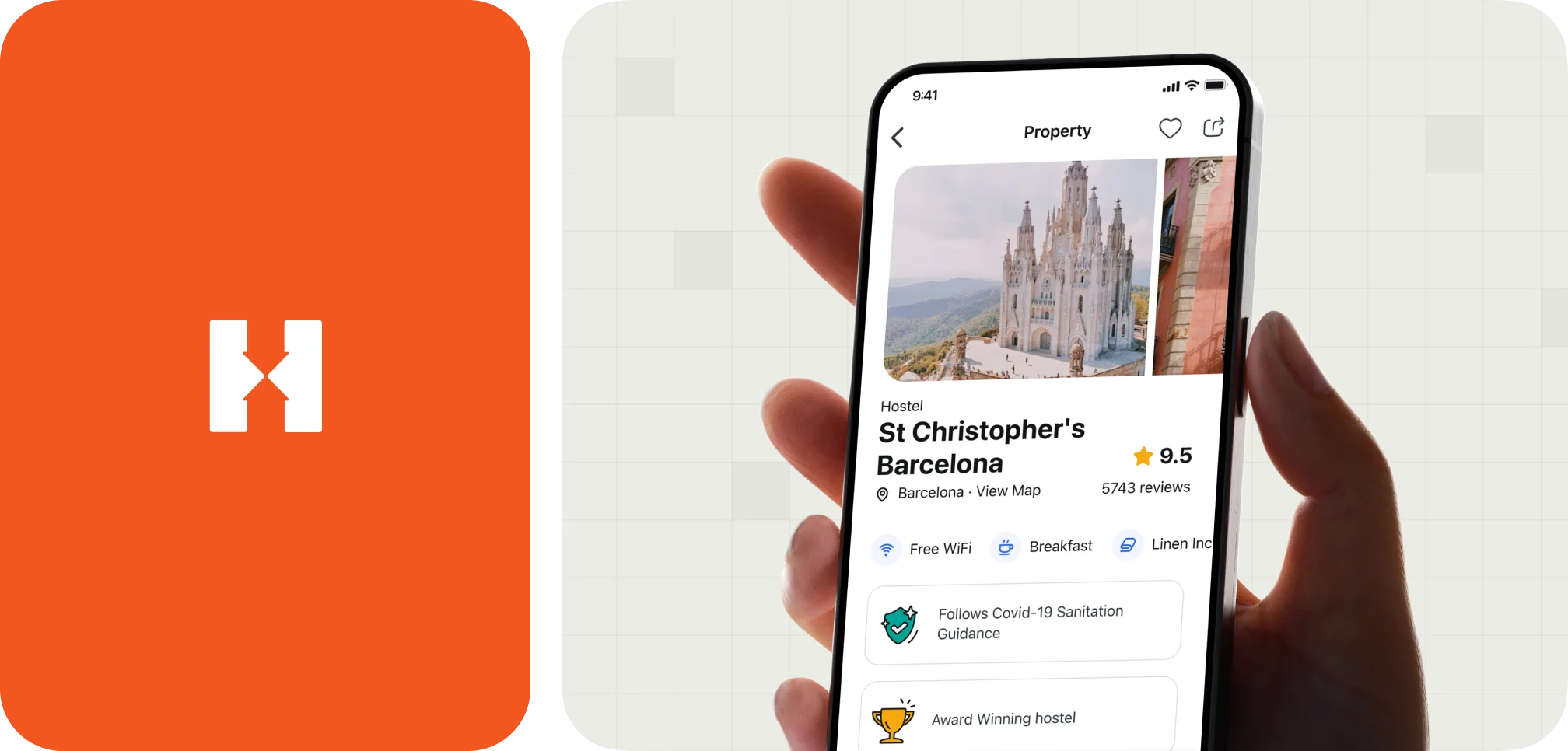 Hand holding smartphone displaying a hostel booking app showing St Christopher's Barcelona with a 9.5 rating and amenities like free WiFi and breakfast.