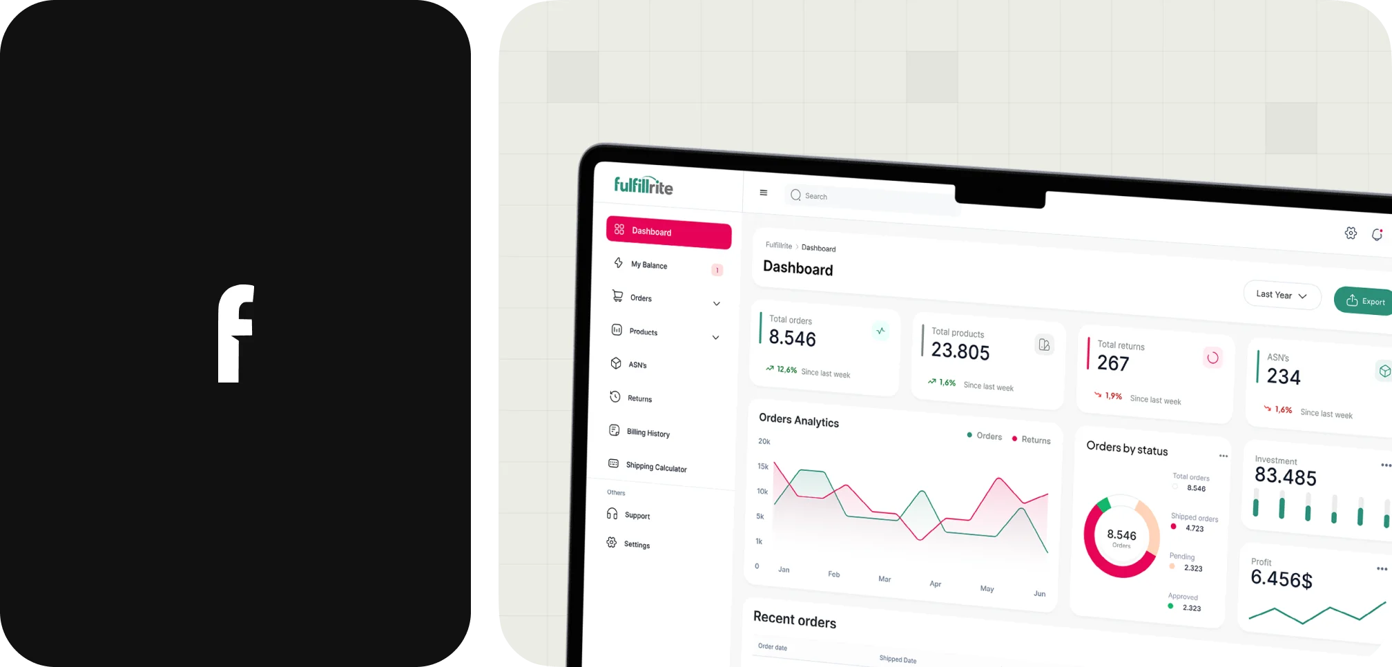 Laptop screen showing a dashboard with total orders, products, returns, ASNs, orders analytics graph, and financial metrics.