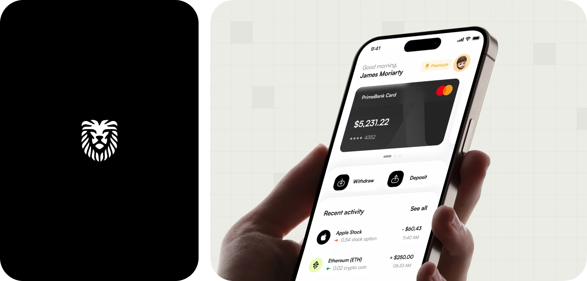 Hand holding smartphone displaying banking app with PrimeBank card balance, recent Apple stock and Ethereum crypto transactions.