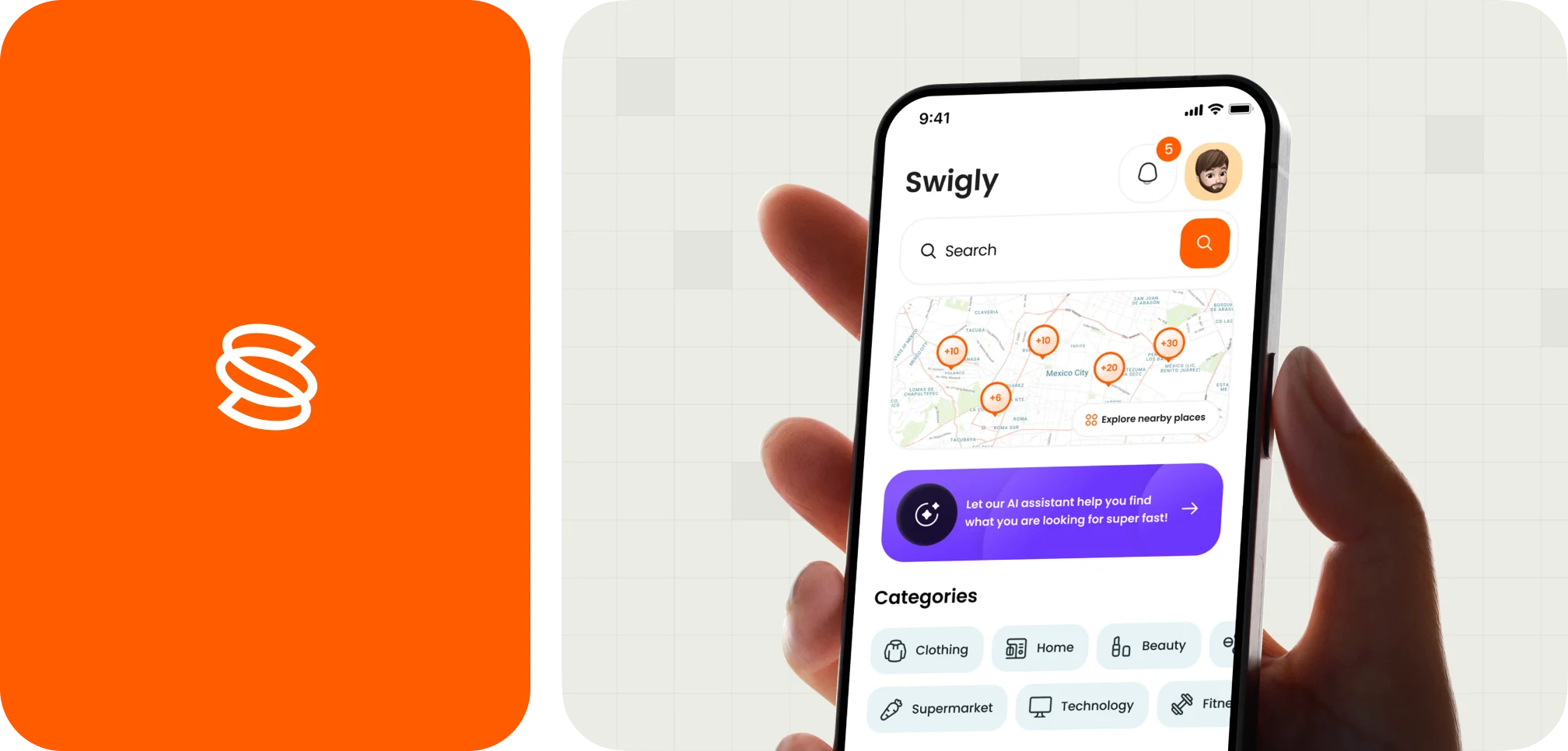 Hand holding a smartphone displaying the Swigly app with search, map of Mexico City, AI assistant prompt, and shopping categories.