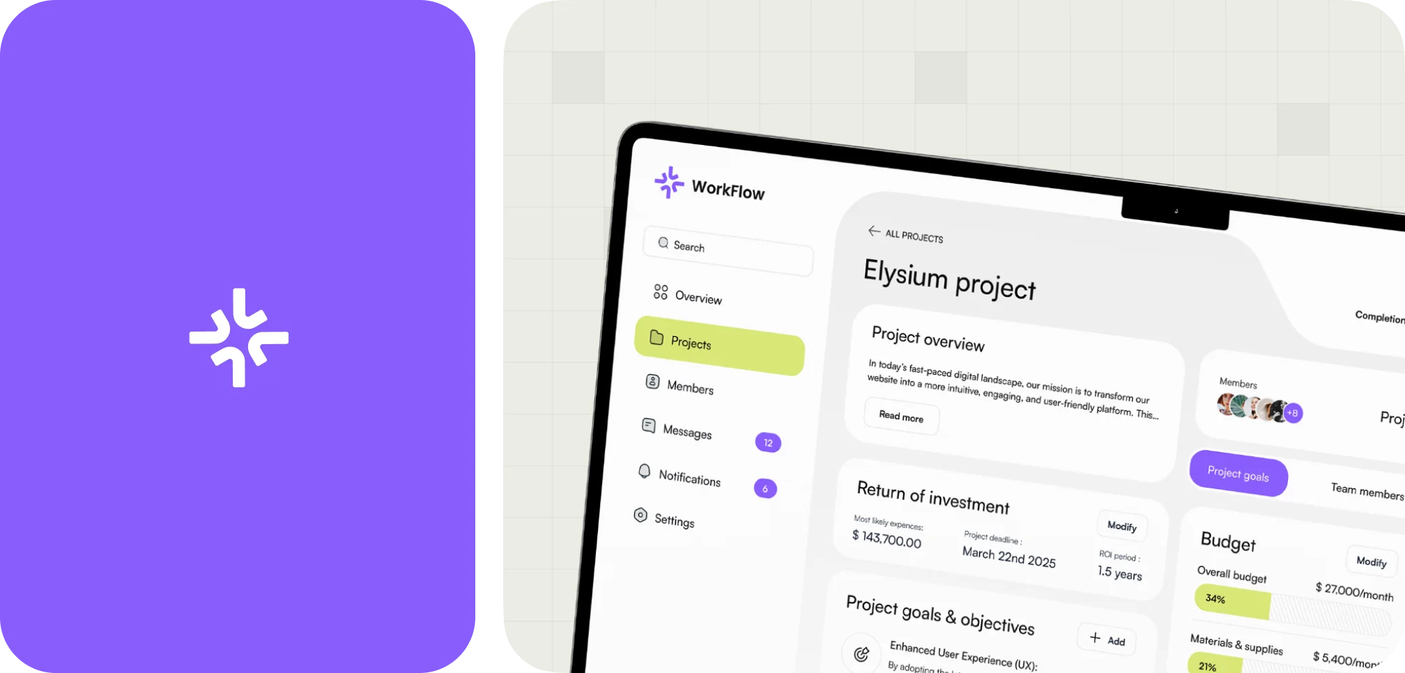 Tablet displaying WorkFlow app with Elysium project overview, ROI, goals, budget, and team members on the screen.