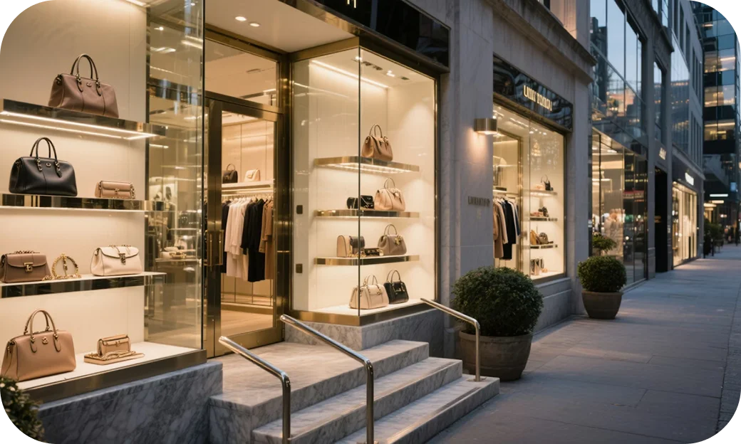 Luxurious storefront displaying designer handbags and clothing with marble steps and glass doors.