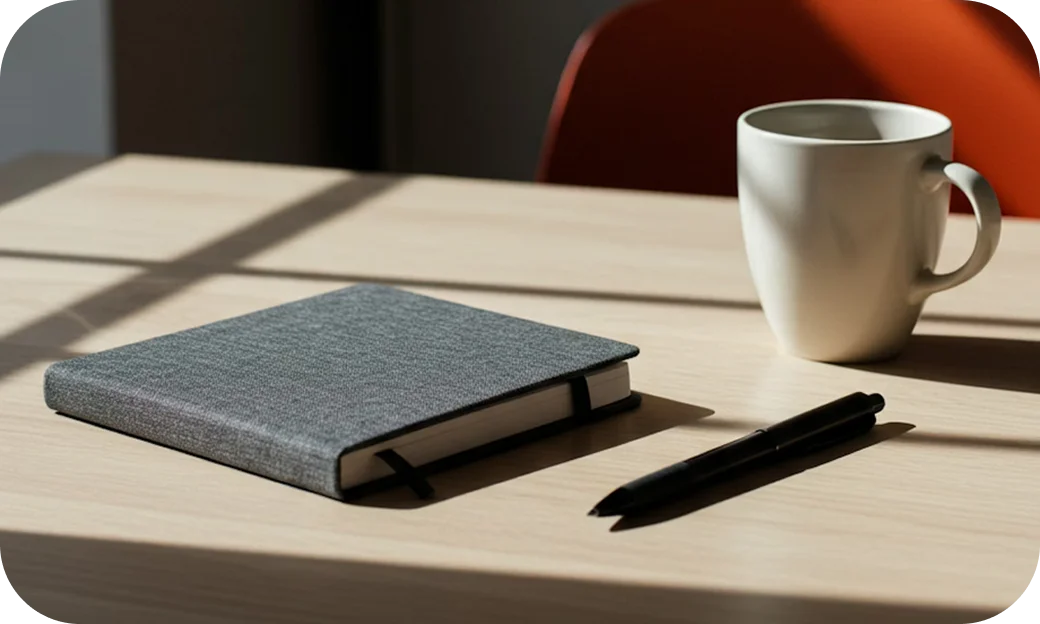 Gray fabric-covered notebook, two black pens, and a white mug on a wooden table with sunlight casting shadows.