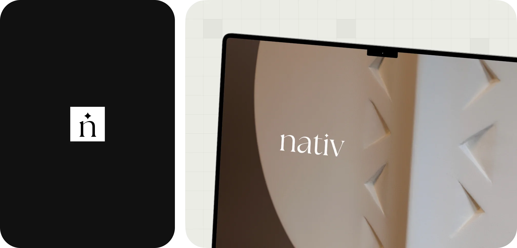 Close-up of a laptop screen with the word 'nativ' displayed over a beige textured surface with triangular indents, next to a black background with a stylized letter ñ inside a white square.