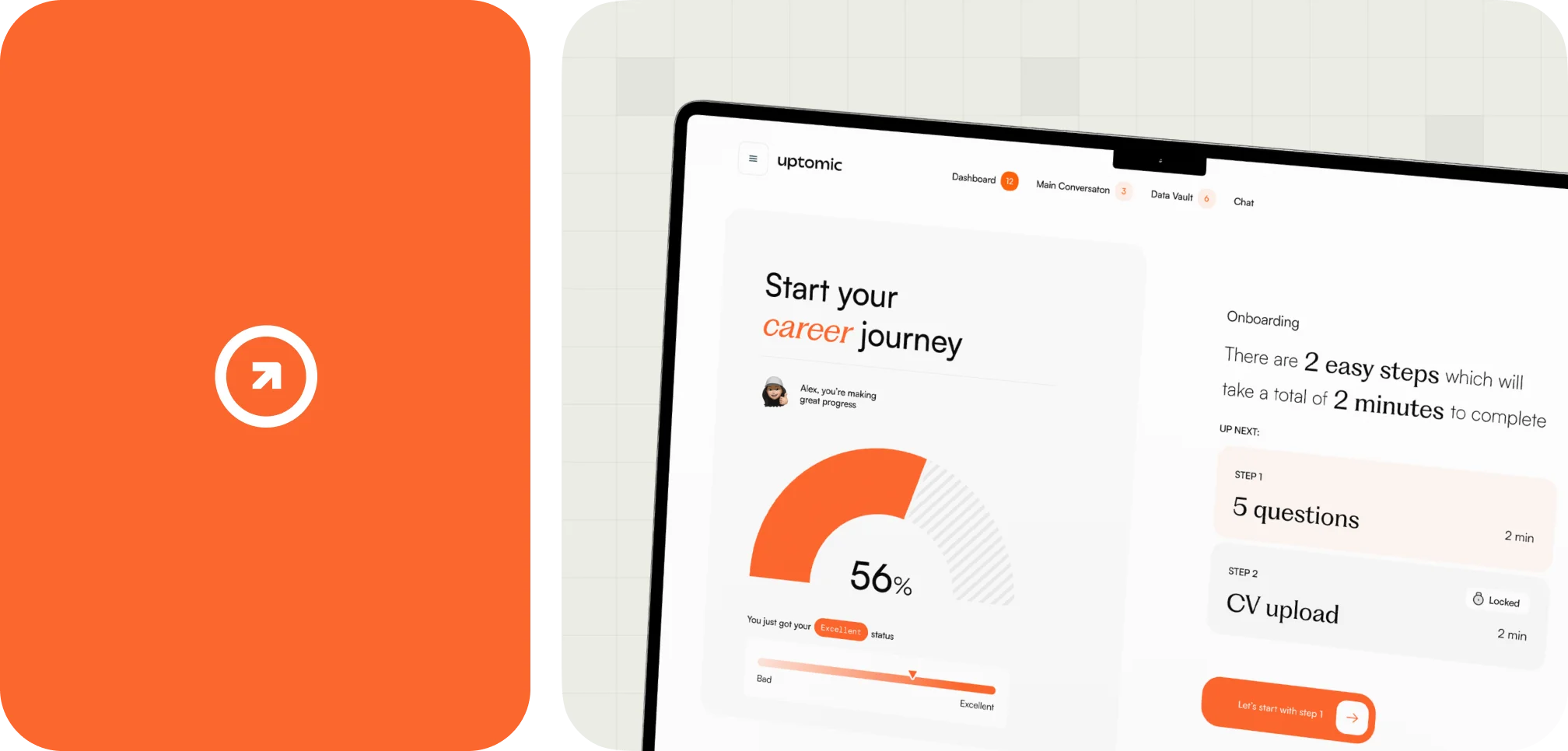 Tablet screen showing a career onboarding dashboard with progress at 56%, steps including 5 questions and CV upload, and a start step button.