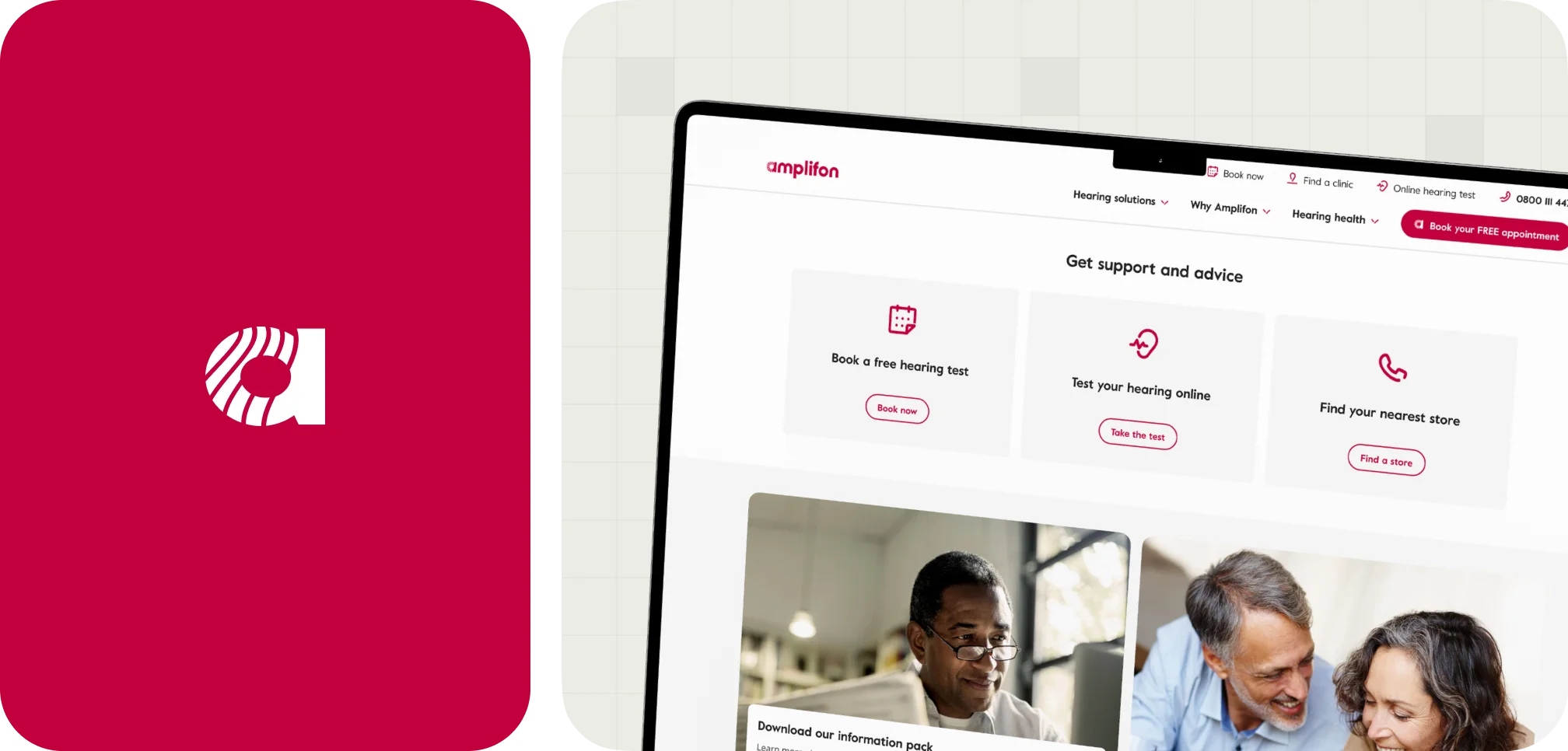 Tablet screen showing Amplifon website with options to book a free hearing test, test hearing online, and find a store.