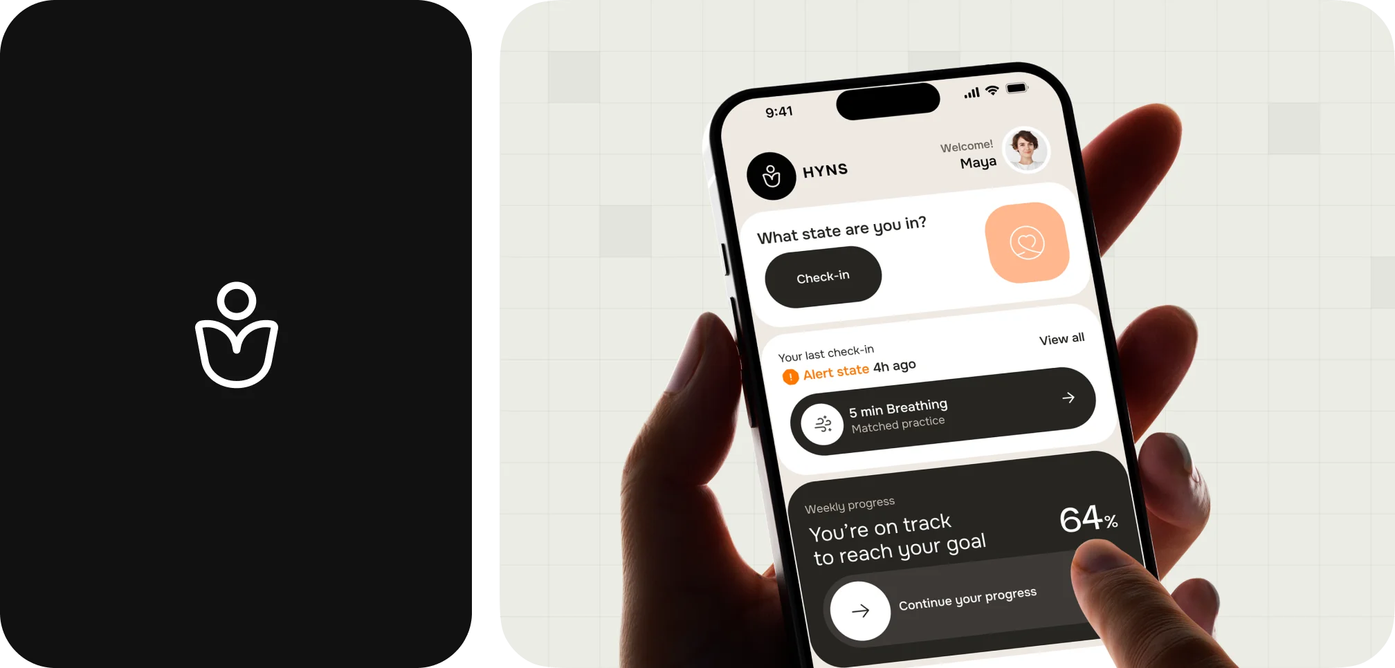 Hand holding smartphone displaying the HYNS app with check-in, breathing exercise, alert state, and weekly progress at 64%.