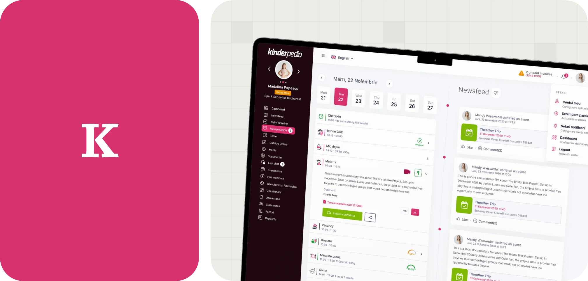 Screenshot of Kinderpedia dashboard showing user profile, daily schedule, newsfeed, and menu options on a tablet screen.