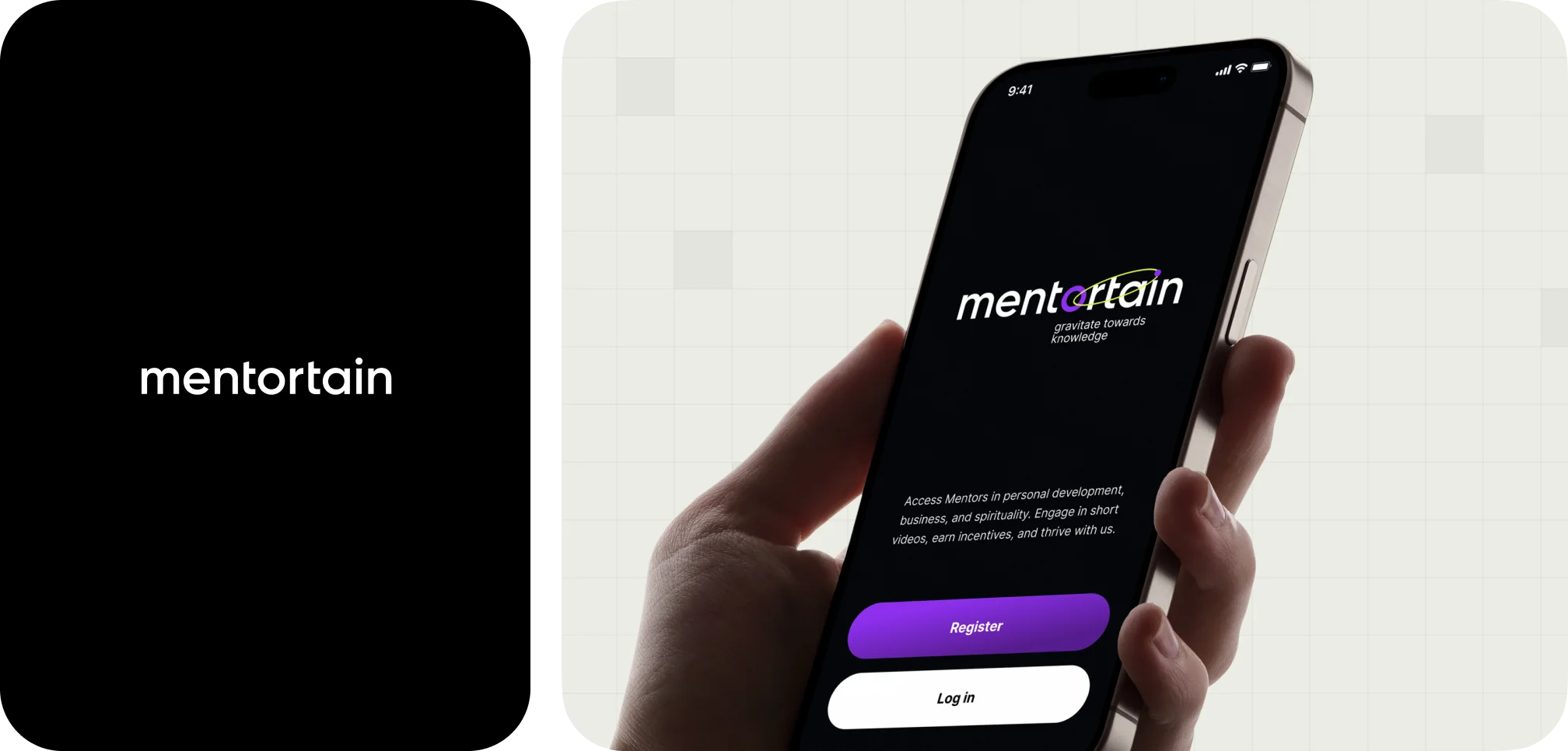 Hand holding smartphone displaying Mentortain app screen with options to register or log in.