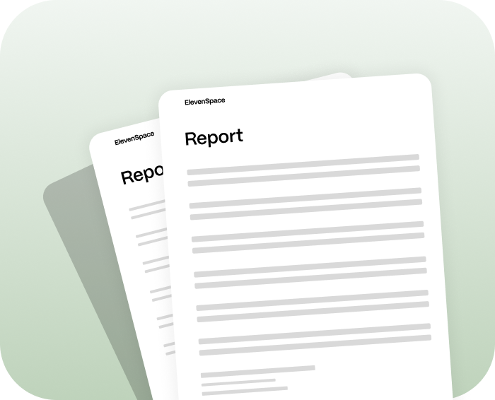 Two ElevenSpace report documents with text lines on a light green background.