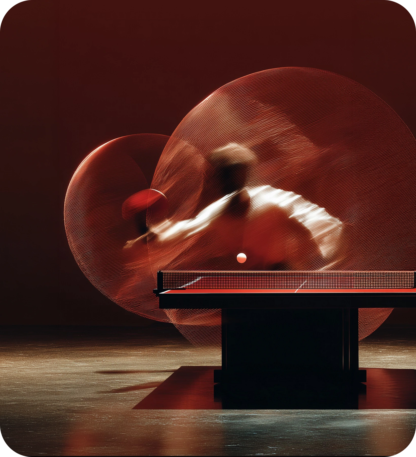 Blurred figure playing table tennis striking ball with paddle and motion trails on a dark background.