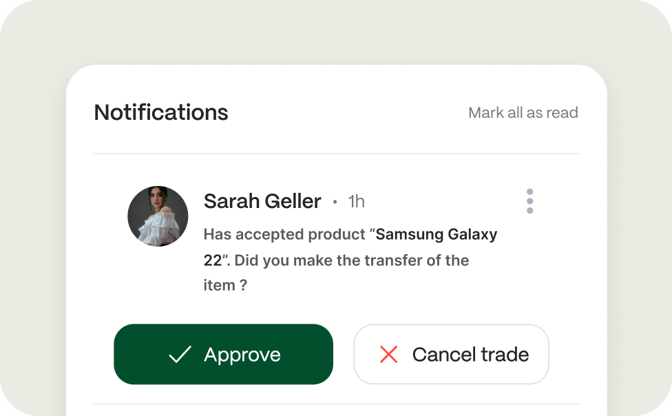 Notification showing Sarah Geller accepted Samsung Galaxy 22 product with approve and cancel trade buttons.