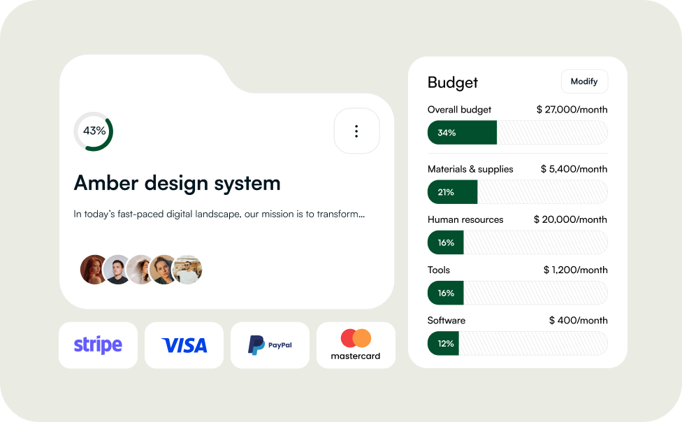 Dashboard showing 43% progress on Amber design system and monthly budget breakdown by category.