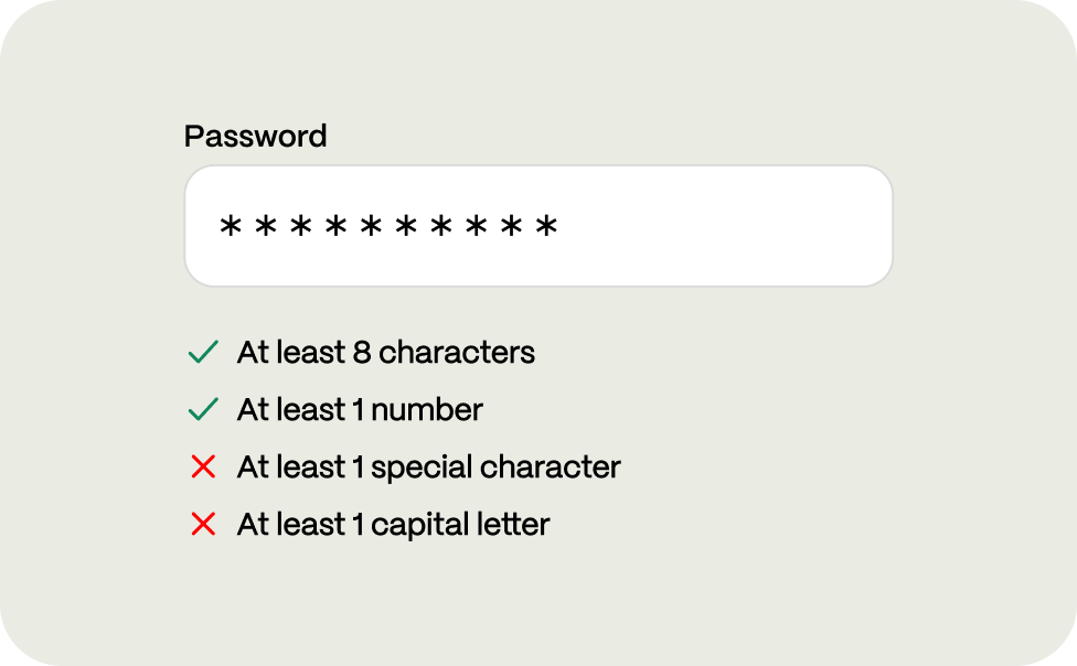 Password input with criteria: 8+ characters and 1 number met; special character and capital letter not met.
