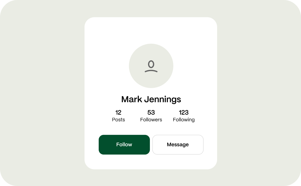 User profile card showing Mark Jennings with 12 posts, 53 followers, 123 following, and follow and message buttons.