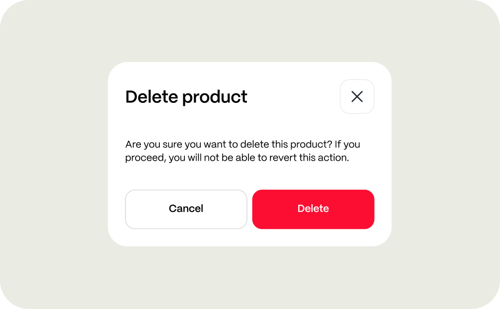 Dialog box asking for confirmation to delete a product with Cancel and Delete buttons.