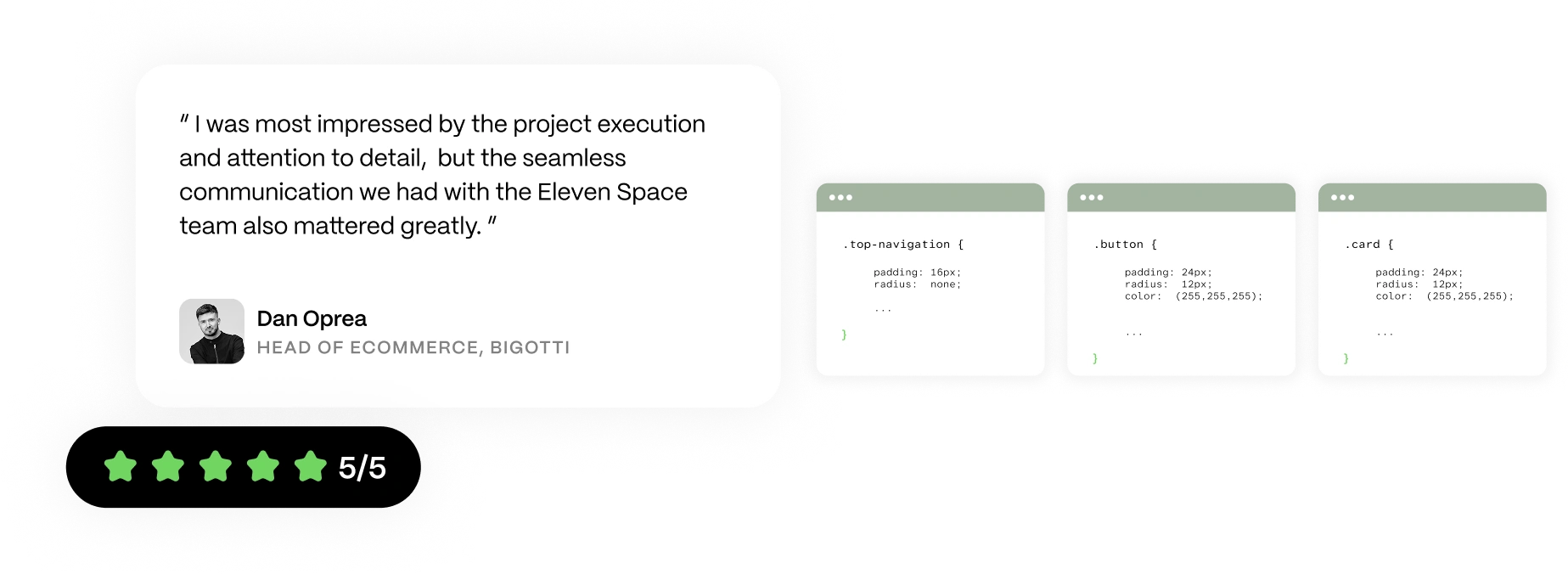 Testimonial praising project execution and communication with Eleven Space, rated 5 out of 5 stars.