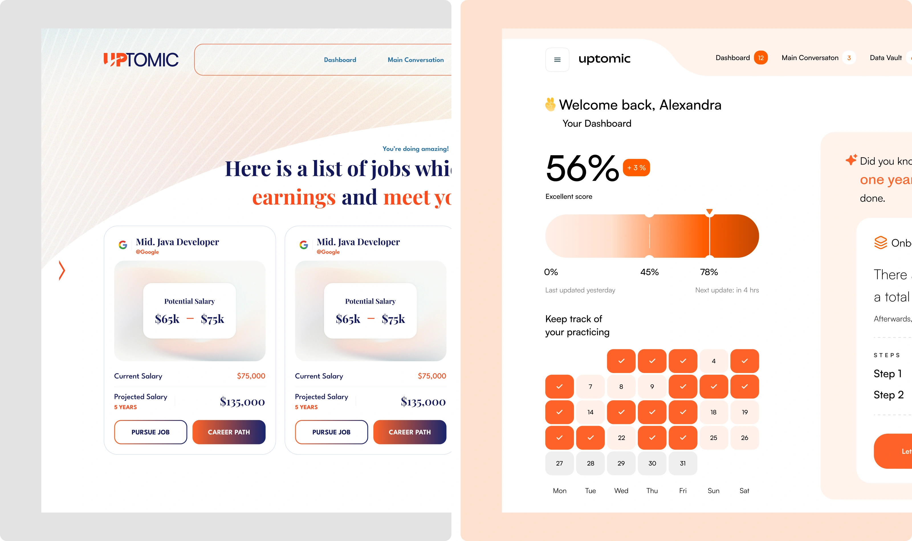 Two app screens: job salary listings for Mid Java Developer and a dashboard showing 56% progress for Alexandra.